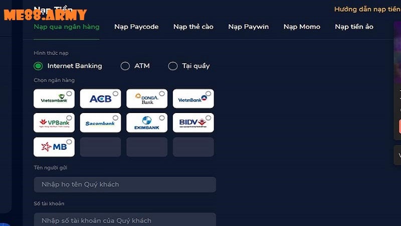 Hướng dẫn nạp tiền Me88 nhanh nhất